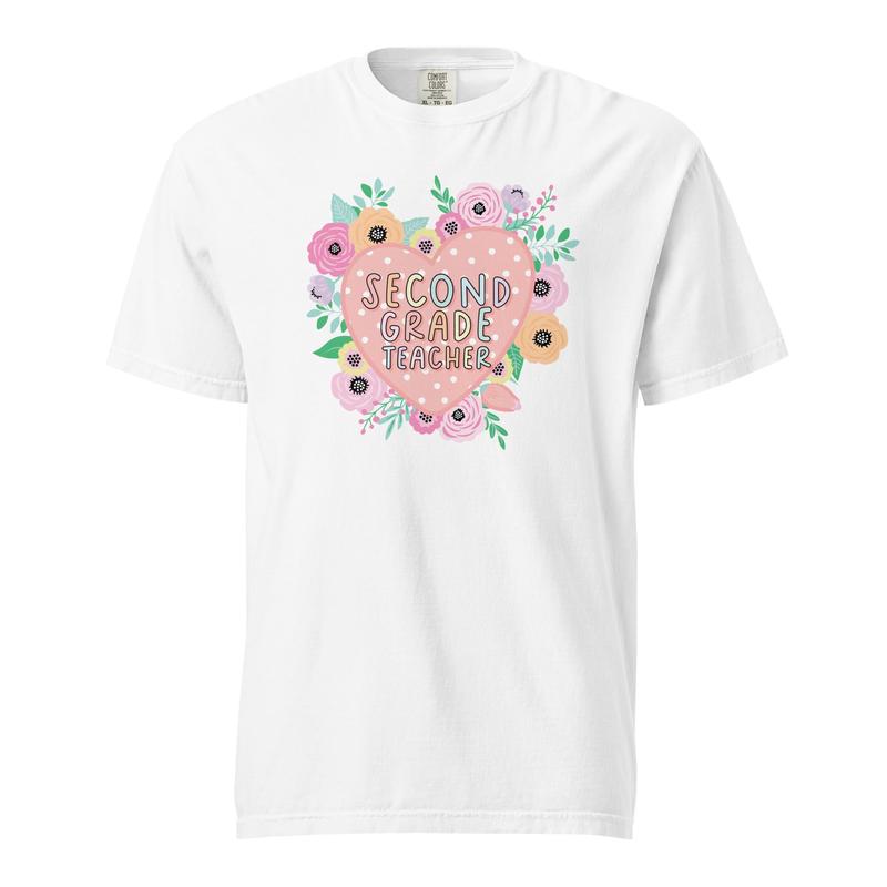 \"Second Grade Teacher Floral Heart T-Shirt | Pretty in Pastel