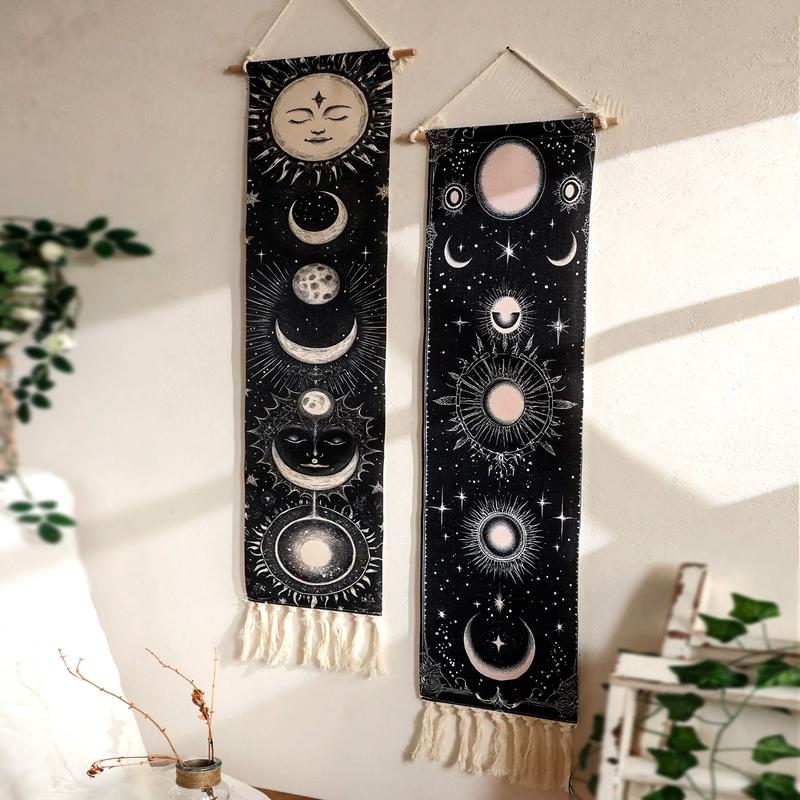 1pc Boho Celestial Wall Hanging Tapestry, Moon Phase Black and White Banner with Tassel, Witchy Bedroom Home Wall Art Decoration