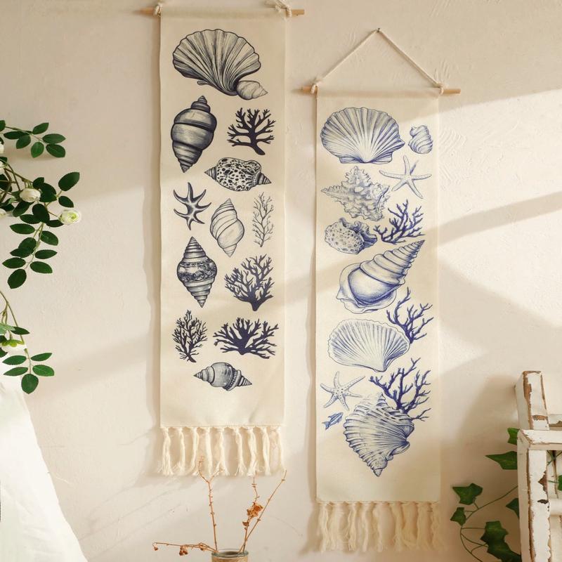 1pc Boho Coastal Seashell Wall Hanging Tapestry,Cotton Banner with Fringe,Nautical Beach Home Decor for Living Room Bedroom Gift