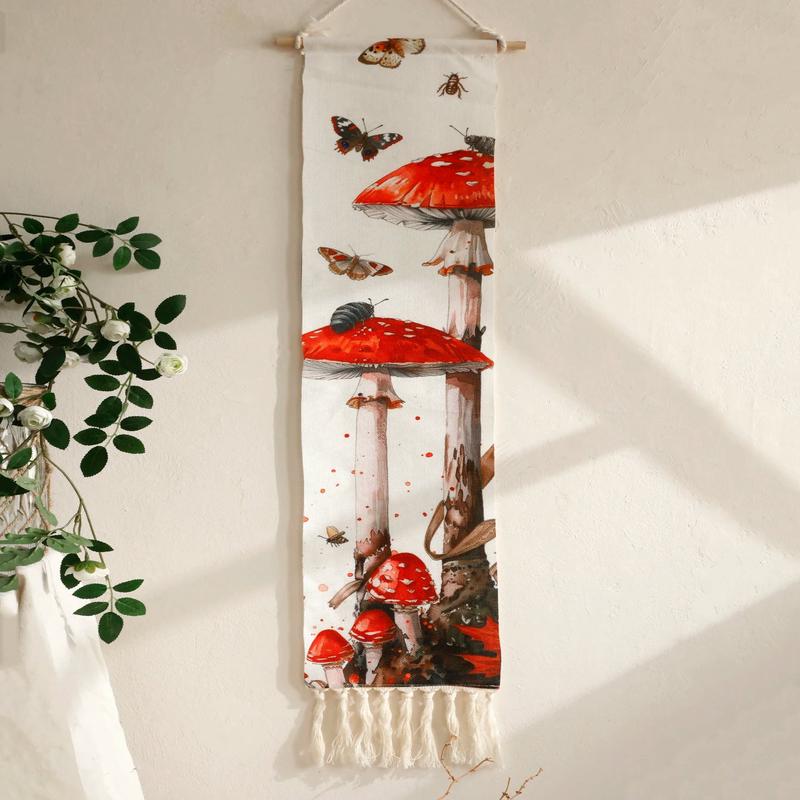 1pc Boho Red Mushroom Wall Hanging Tapestry Cotton Banner Wall Decor with Fringe Rustic Butterfly and Insect Home Decor Art Gift