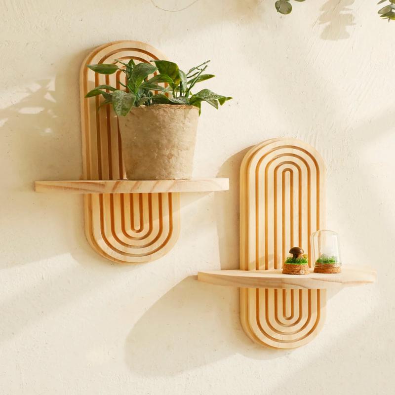 1Pc Boho Style Wooden Wall Shelves - Geometric Wall Mounted Shelves, Natural Wood Finish, Modern Home Decor, Plant Decorative
