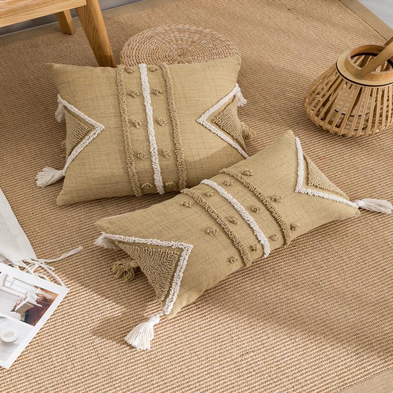 1pc Canvas Pillow Cover with Triangular Line Pattern & Looped Pile Embroidery Craft, Suitable for Home, Outdoor and Daily Use